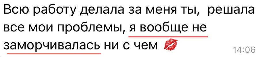 Сообщение клиентки: всю работу делала за меня ты, я вообще не заморачивалась