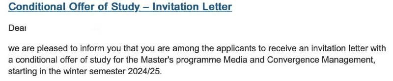 Conditional offer of study, invitation letter